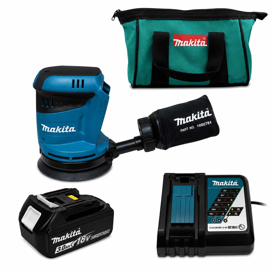 מלטשת אקצנטרית 5" 18V סוללה 3AH ומטען Makita XOB01