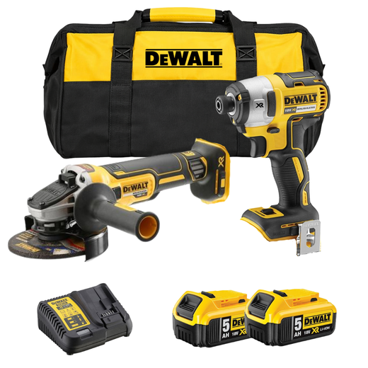 סט אימפקט ומשחזת שתי סוללות 5Ah ומטען DeWalt MTB334