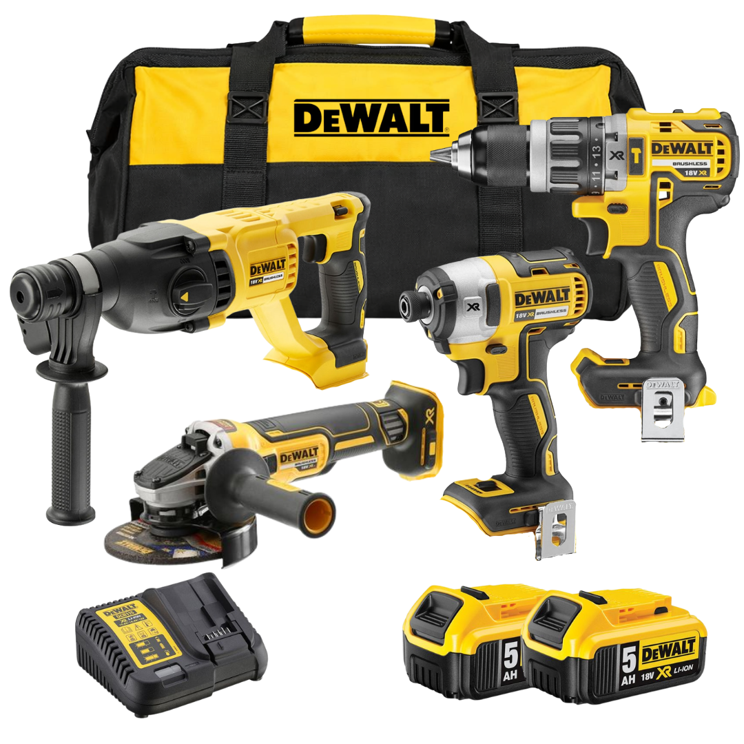 סט 4 כלים שתי סוללות 5Ah ומטען ותיק DeWALT