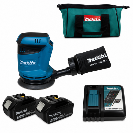 טשת אקצנטרית 5" 18V שתי סוללות 5AH ומטען XOB01 makita XOB01-2-5