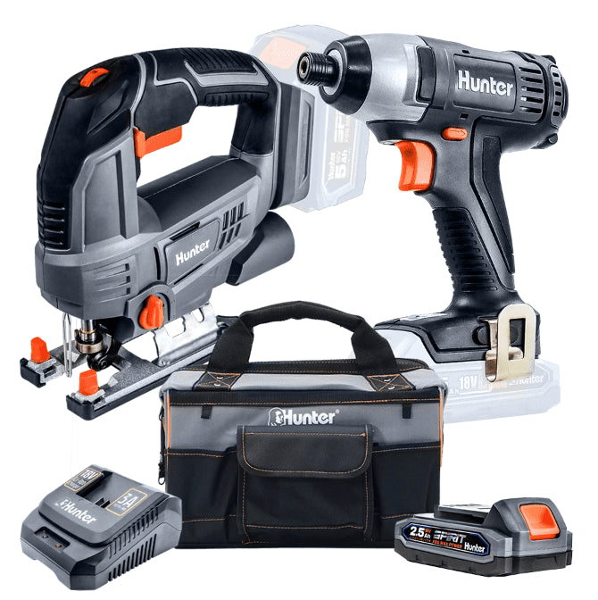 סט 2 כלים נטענים 18V עם סוללה 2.5Ah ומטען בתיק נשיאה Hunter