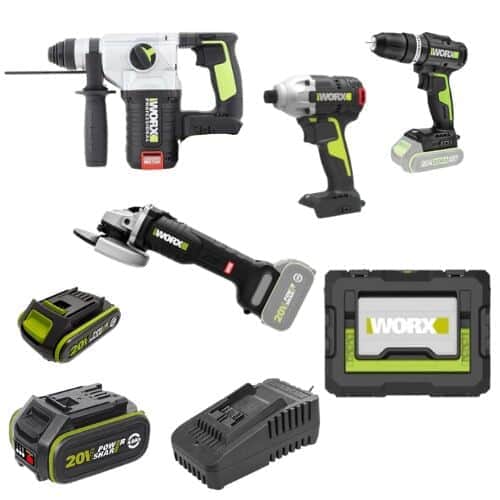 סט 4 כלים סוללה 2Ah וסוללה 4Ah ומטען ותיק WORX 20V