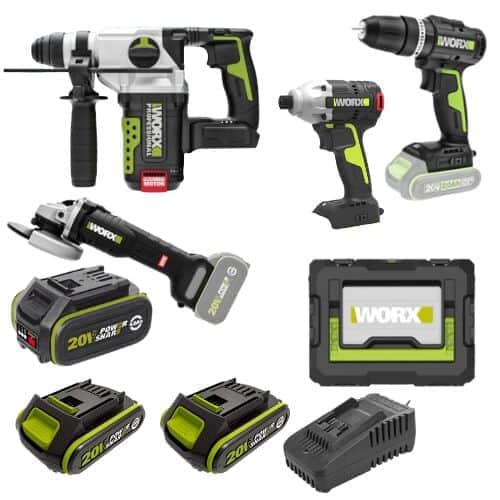 4 כלים שתי סוללות 2Ah + סוללה 4Ah ומטען וארגז WORX 20V WORX MTB297