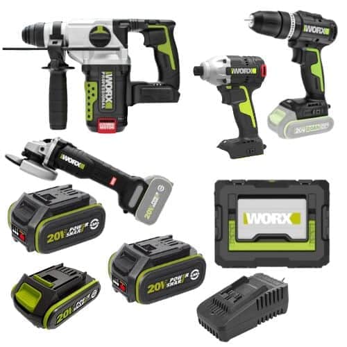 4 כלים שתי סוללות 4Ah + סוללה 2Ah ומטען וארגז WORX 20V