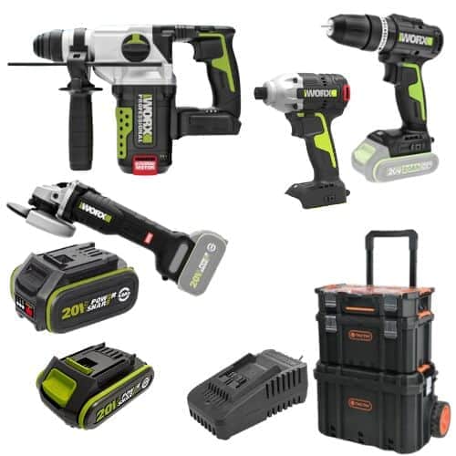 4 כלים סוללה 2Ah + סוללה 4Ah ומטען וארגז קומות WORX 20V WORX MTB299