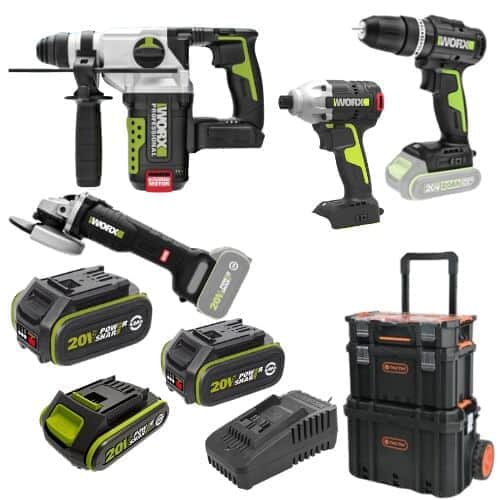 סט 4 כלים 3 סוללות ומטען בארגז טרולי WORX