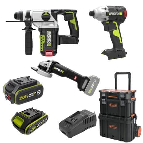 3 כלים סוללה 2Ah + סוללה 4Ah ומטען וארגז קומות WORX 20V