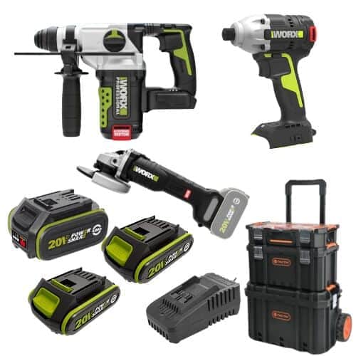 3 כלים שתי סוללות 2Ah + סוללה 4Ah ומטען וארגז WORX 20V