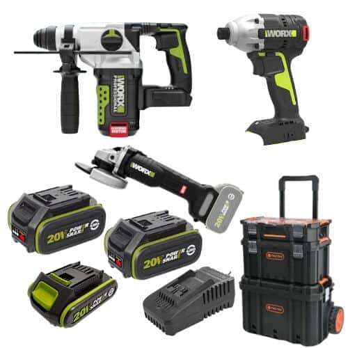 3 כלים סוללה 2Ah + שתי סוללות 4Ah ומטען וארגז WORX 20V