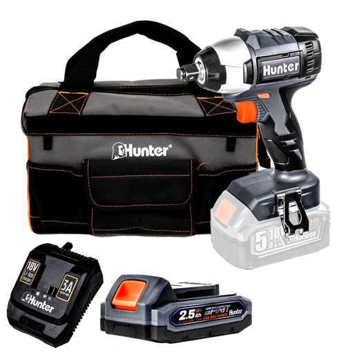 מפתח אימפקט נטען Brushless 18V - סוללה 2.5Ah מטען 3A תיק בד ייעודי Hunter 100314-006