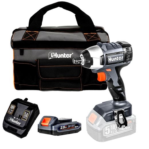 מפתח אימפקט נטען 18V+סוללה 2.5Ah+מטען 3A+תיק בד האנטר Hunter 100314-009
