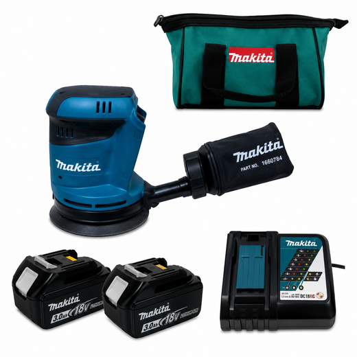 טשת אקצנטרית 5" 18V שתי סוללות 3AH ומטען XOB01 makita XOB01-2-3