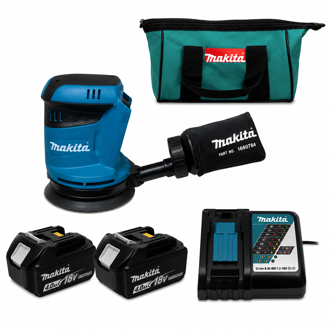 טשת אקצנטרית 5" 18V שתי סוללות 4AH ומטען Makita XOB01
