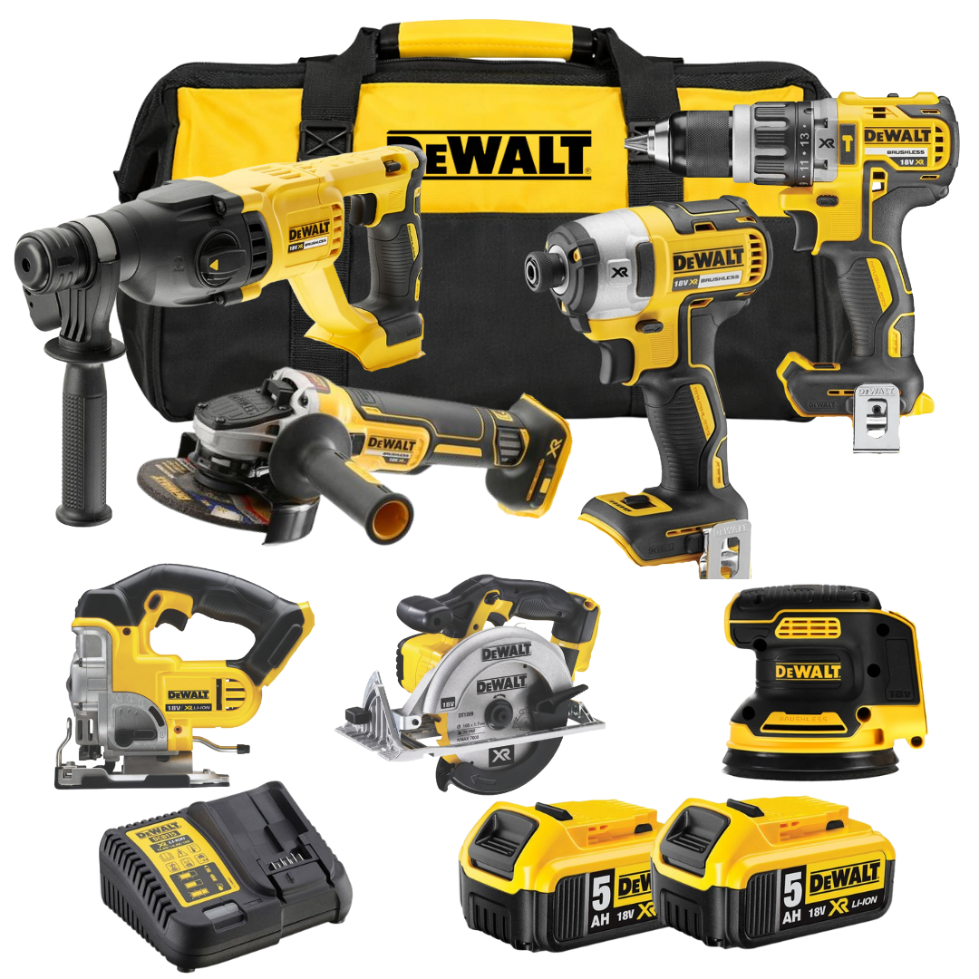 סט 7 כלים 18V שתי סוללות 5AH ומטען DeWALT