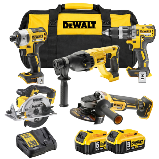 סט 5 כלים 18V שתי סוללות 5AH ומטען DeWalt MTB406