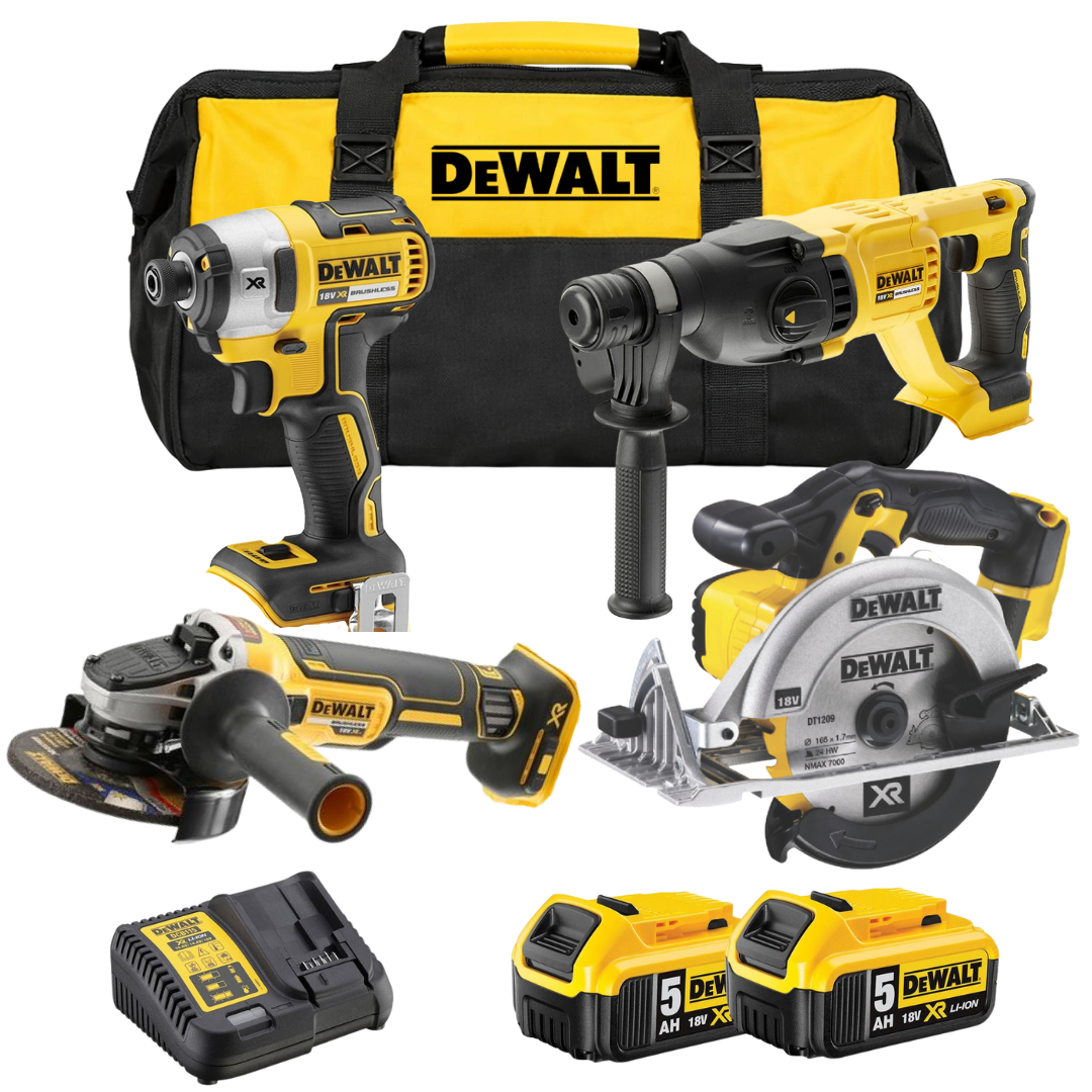 סט 4 כלים 18V שתי סוללות 5AH ומטען DeWALT