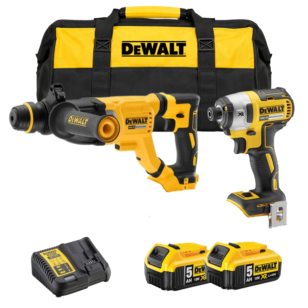 סט אימפקט ופטישון 18V שתי סוללות 5AH ומטען DeWALT