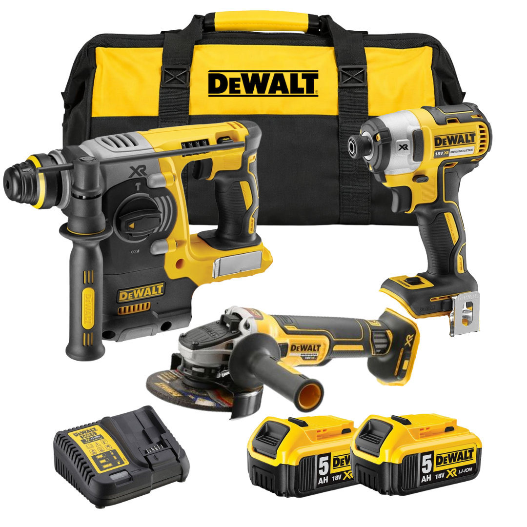 סט 3 כלים 18V שתי סוללות 5AH ומטען DeWALT
